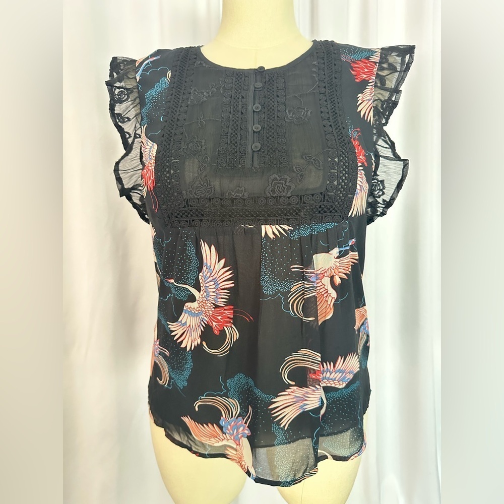 Daniel Rainn Black Crane Print Lace Detail Blouse – Size M(1217) - Picture 3 of 14